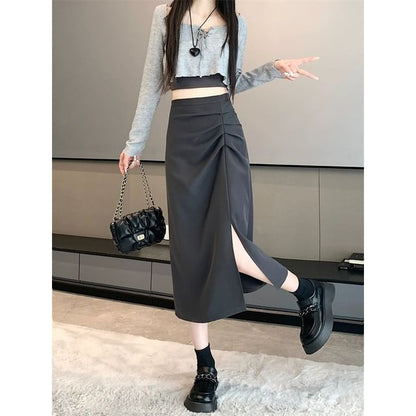 Shirred Slit High Waist Midi A-Line Skirt