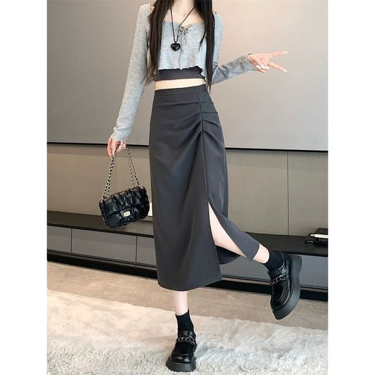 Shirred Slit High Waist Midi A-Line Skirt