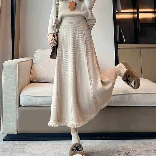 Tassel Trim Midi Knit Skirt
