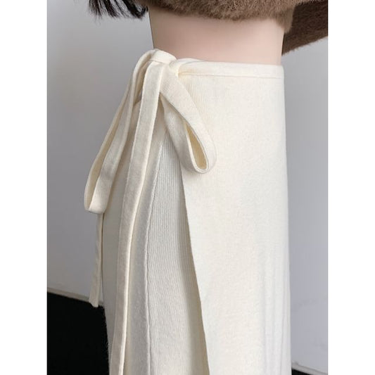 Tie-Side Slit High Rise Midi Knit Skirt