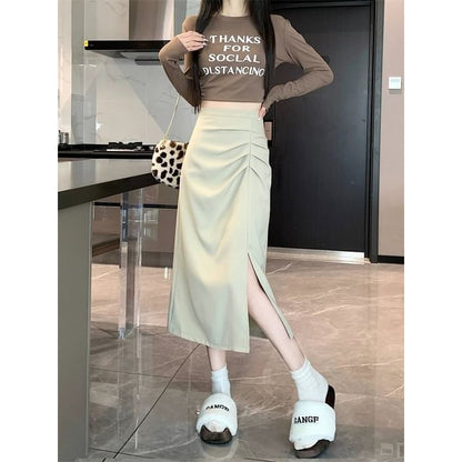 Shirred Slit High Waist Midi A-Line Skirt