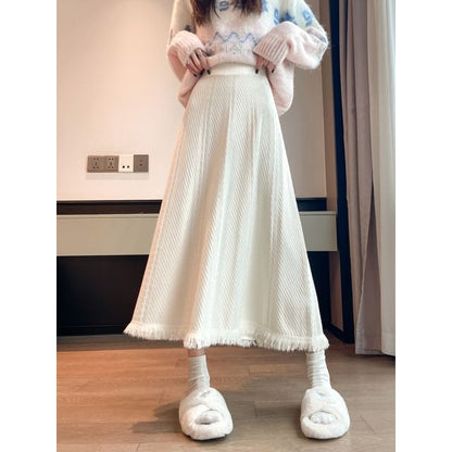 Tassel Trim Midi Knit Skirt