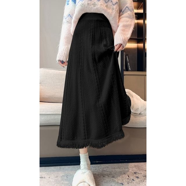 Tassel Trim Midi Knit Skirt