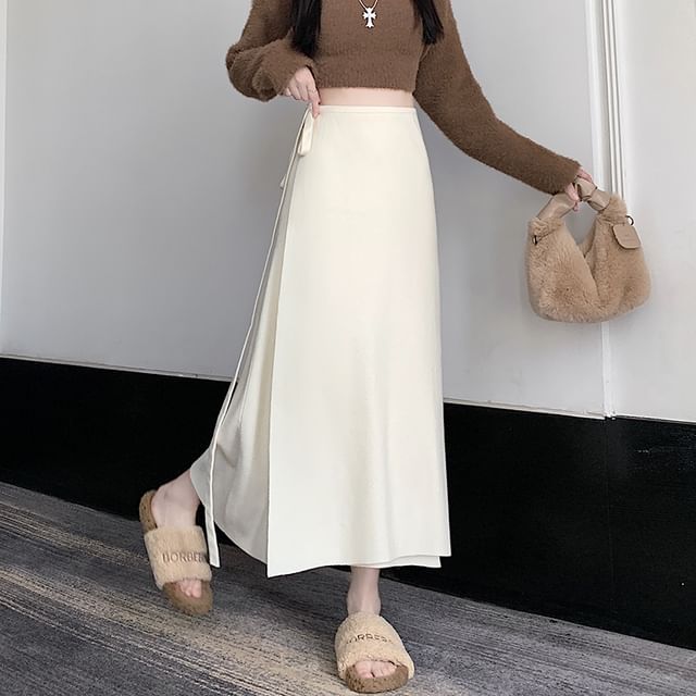 Tie-Side Slit High Rise Midi Knit Skirt