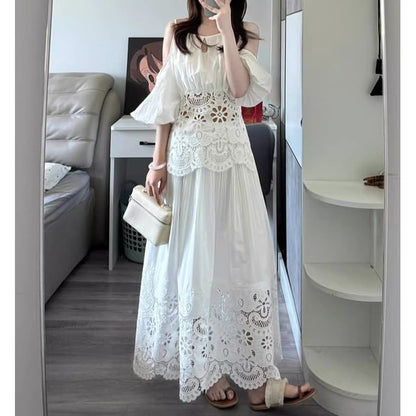Puff Sleeve Cold Shoulder Lace Blouse & Maxi A-Line Skirt