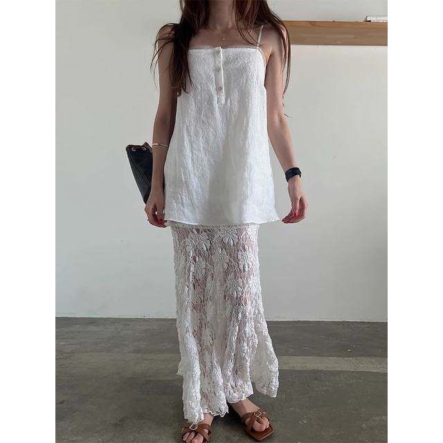 Button Cami with Lace Pencil Skirt