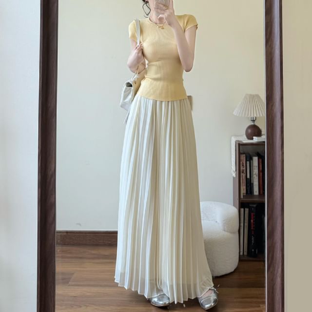 Crew Neck Ribbed Knit Top and Pleated A-Line Maxi Skirt