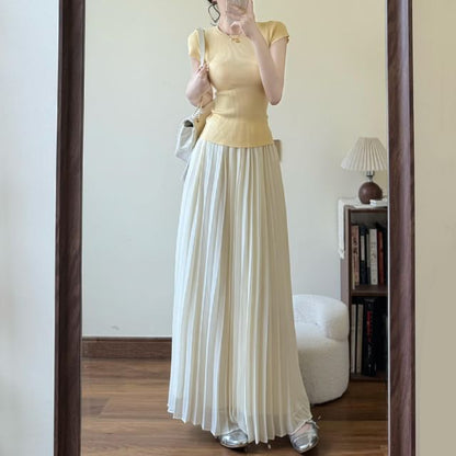 Crew Neck Ribbed Knit Top and Pleated A-Line Maxi Skirt