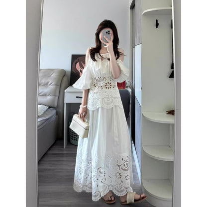 Puff Sleeve Cold Shoulder Lace Blouse & Maxi A-Line Skirt