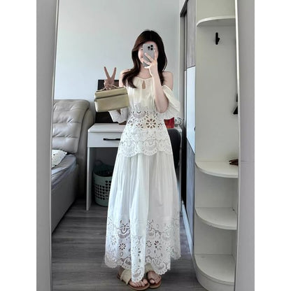 Puff Sleeve Cold Shoulder Lace Blouse & Maxi A-Line Skirt