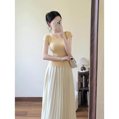 Crew Neck Ribbed Knit Top and Pleated A-Line Maxi Skirt