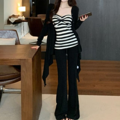 Striped Tube Top / Plain Cardigan / High Waist Flared Pants / Set