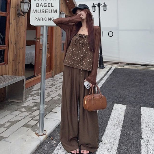 Dotted Camisole Top / Cardigan / High Waist Baggy Pants