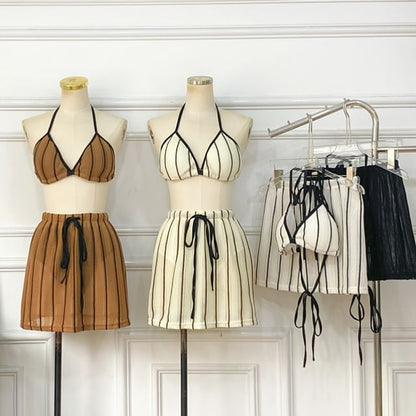 Striped Bra Top and Drawstring Mini Skirt Set
