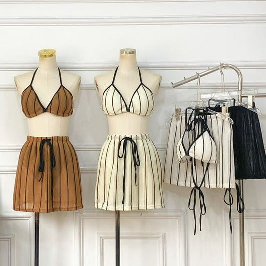 Striped Bra Top and Drawstring Mini Skirt Set