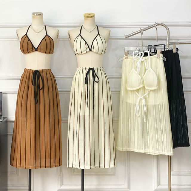 Striped Bra Top + Drawstring Maxi Skirt Set