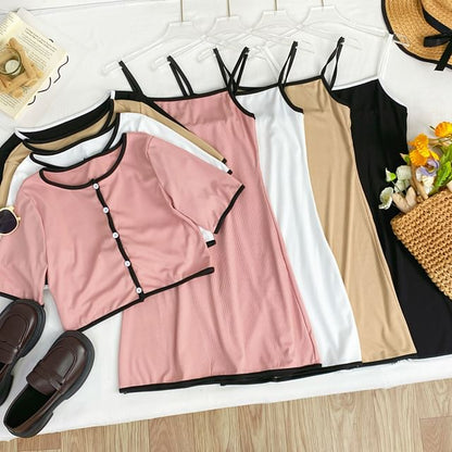 Contrast Trim Button-Up Top and Maxi Skirt Set