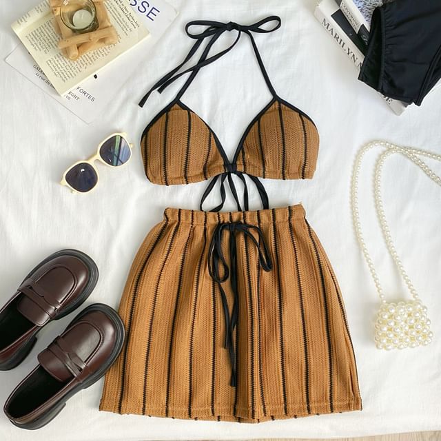 Striped Bra Top and Drawstring Mini Skirt Set