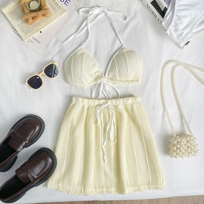 Striped Bra Top and Drawstring Mini Skirt Set