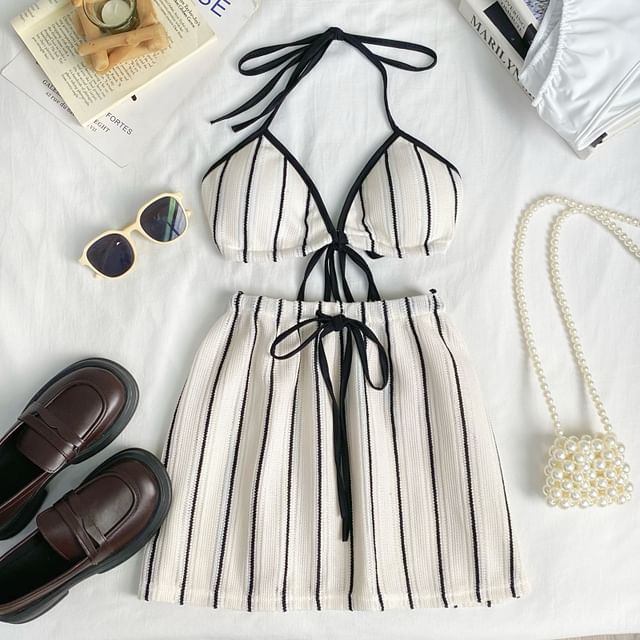 Striped Bra Top and Drawstring Mini Skirt Set