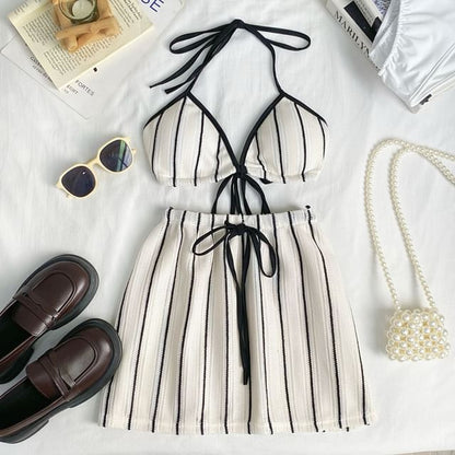 Striped Bra Top and Drawstring Mini Skirt Set