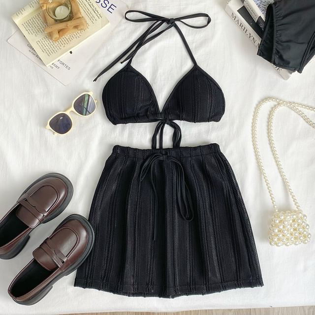 Striped Bra Top and Drawstring Mini Skirt Set