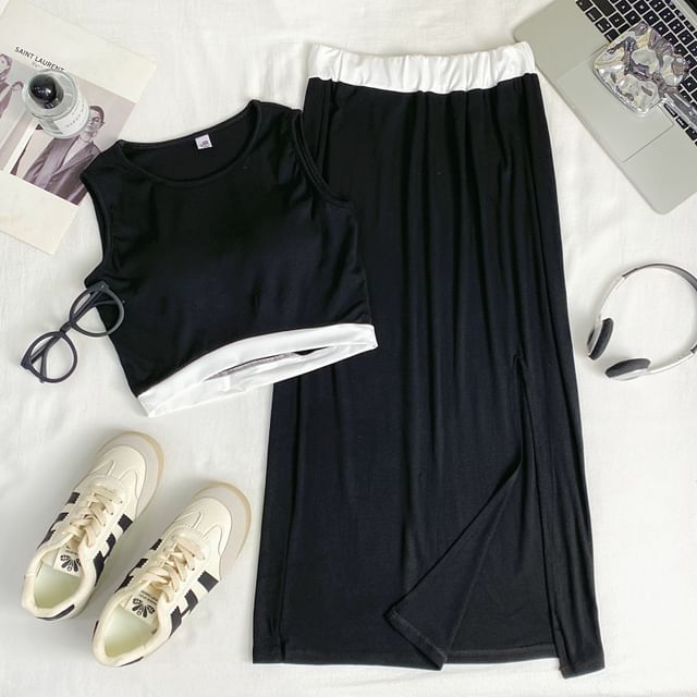 Two Tone Crop Tank and Maxi Skirt Set