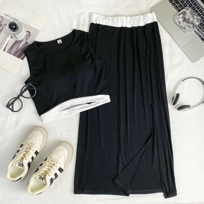 Two Tone Crop Tank and Maxi Skirt Set