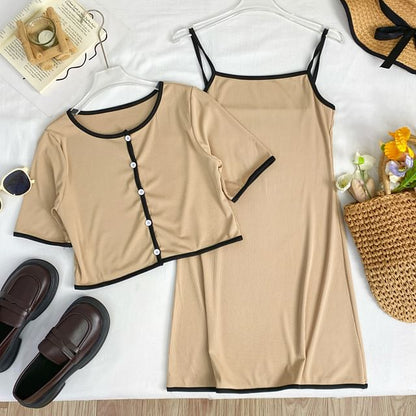 Contrast Trim Button-Up Top and Maxi Skirt Set