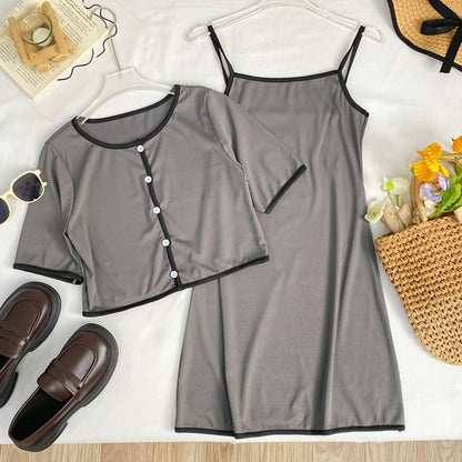 Contrast Trim Button-Up Top and Maxi Skirt Set