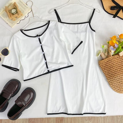 Contrast Trim Button-Up Top and Maxi Skirt Set