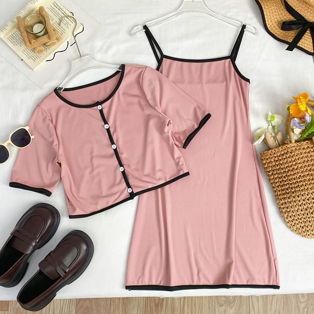 Contrast Trim Button-Up Top and Maxi Skirt Set