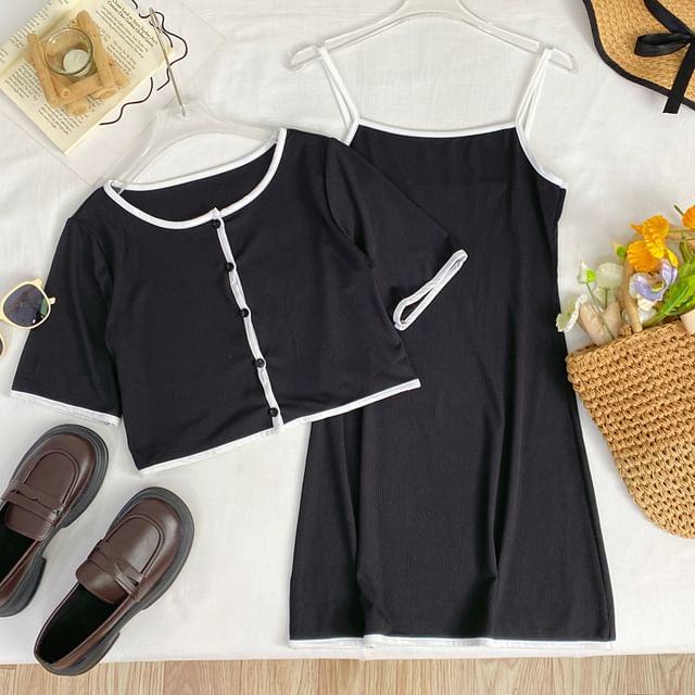 Contrast Trim Button-Up Top and Maxi Skirt Set