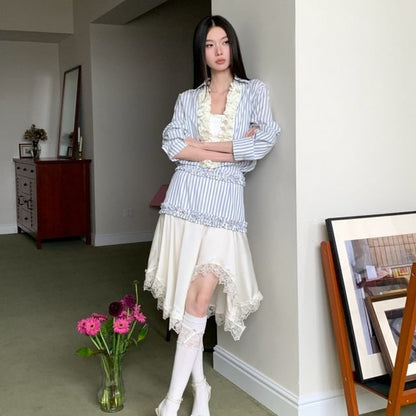 Long-Sleeve V-Neck Striped Ruffle Blouse / Halter Crop Top / Asymmetrical Lace Midi A-Line Skirt
