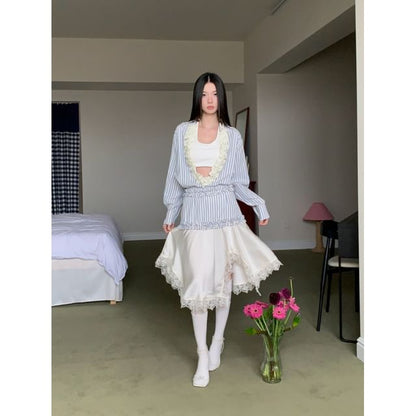 Long-Sleeve V-Neck Striped Ruffle Blouse / Halter Crop Top / Asymmetrical Lace Midi A-Line Skirt