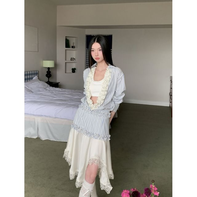 Long-Sleeve V-Neck Striped Ruffle Blouse / Halter Crop Top / Asymmetrical Lace Midi A-Line Skirt
