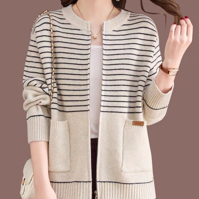 Round Neck Striped Zip Cardigan