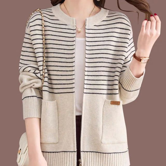 Round Neck Striped Zip Cardigan