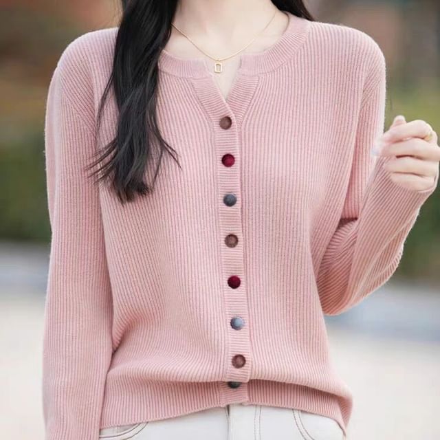 Notch Neck Plain Button Up Cardigan