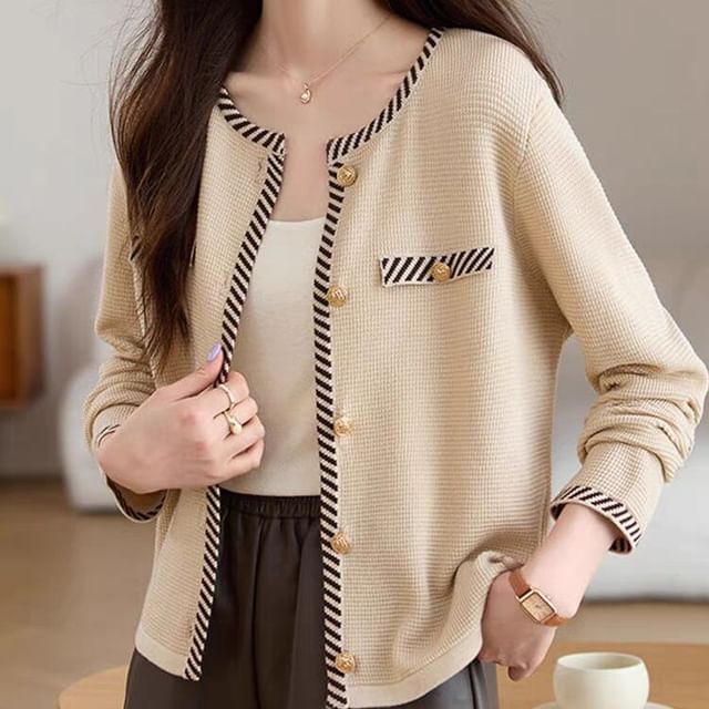 Round Neck Striped Button Up Cardigan