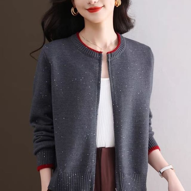 Round Neck Contrast Trim Zip Cardigan
