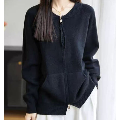 Round Neck Plain Zip Cardigan