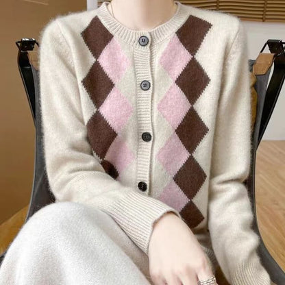 Crew Neck Argyle Button Up Cardigan