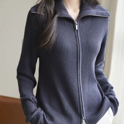 Collared Plain Ribbed Knit Zip Cardigan