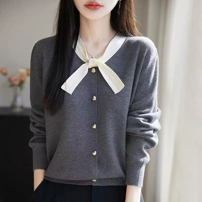 Long-Sleeve Round Neck Knot Detail Cardigan