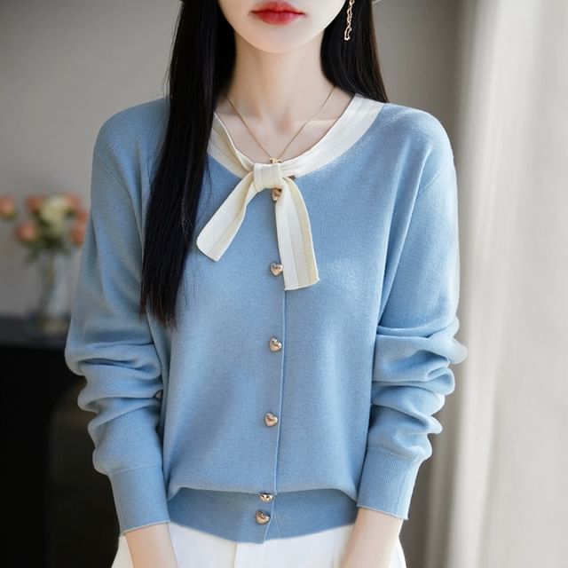 Long-Sleeve Round Neck Knot Detail Cardigan