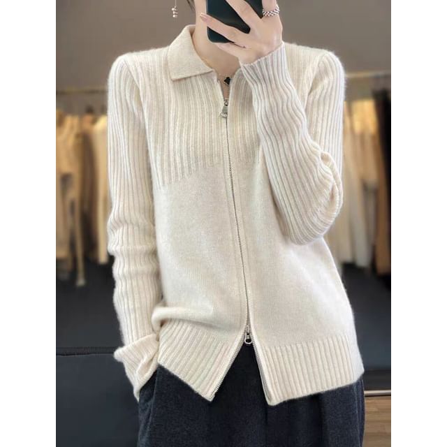 Collared Plain Ribbed Zip Cardigan
