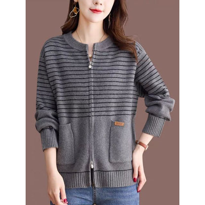 Round Neck Striped Zip Cardigan