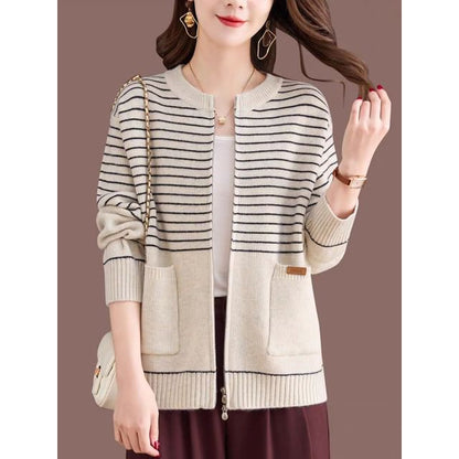Round Neck Striped Zip Cardigan