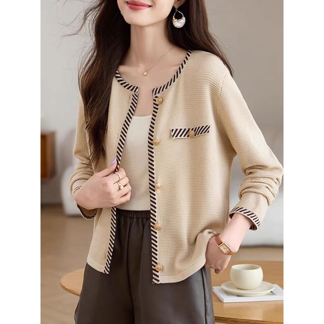 Round Neck Striped Button Up Cardigan